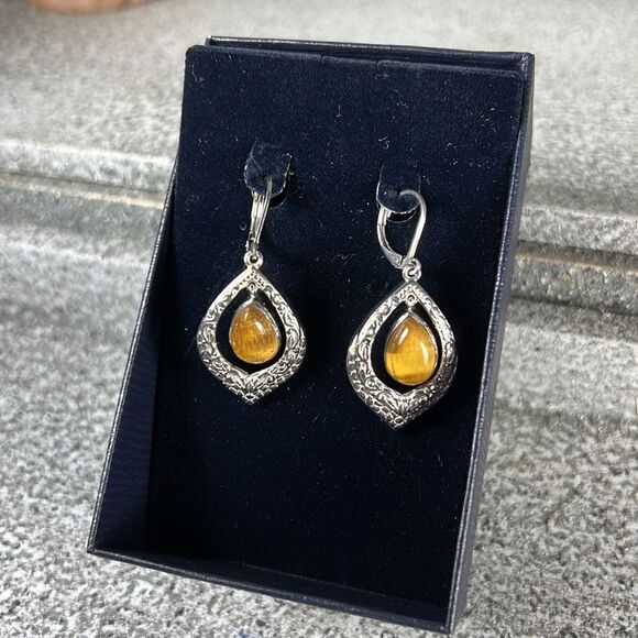 NWT Yellow Tigers Eye Earrings in Silver Tone Magnetic Setting Boho ETHNIC - Picture 4 of 5